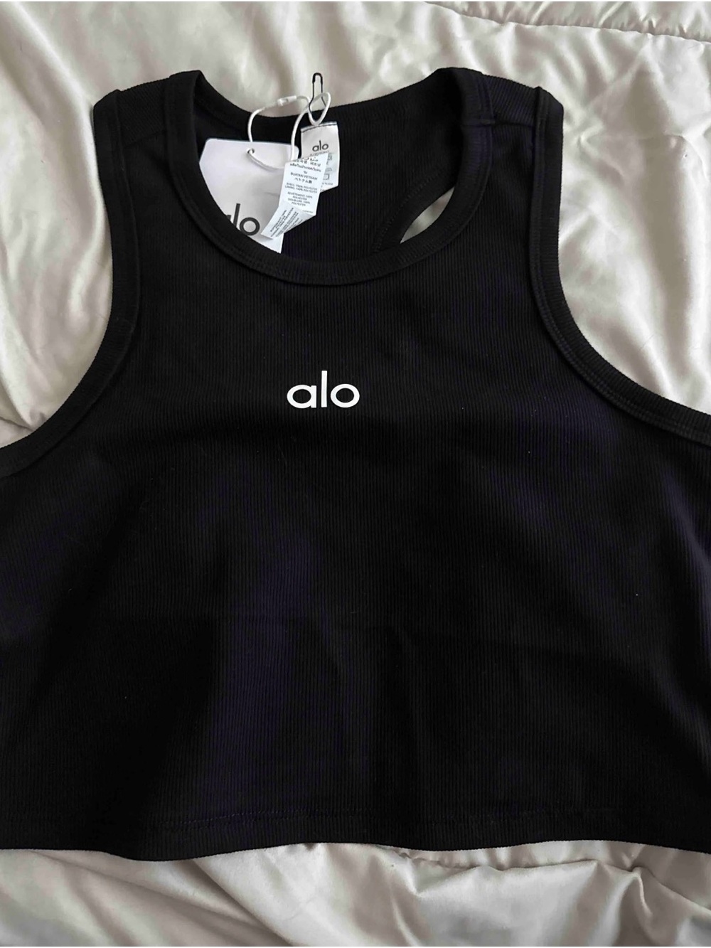 ALO Yoga Black Ribbed Cropped Tank with White Logo size S
